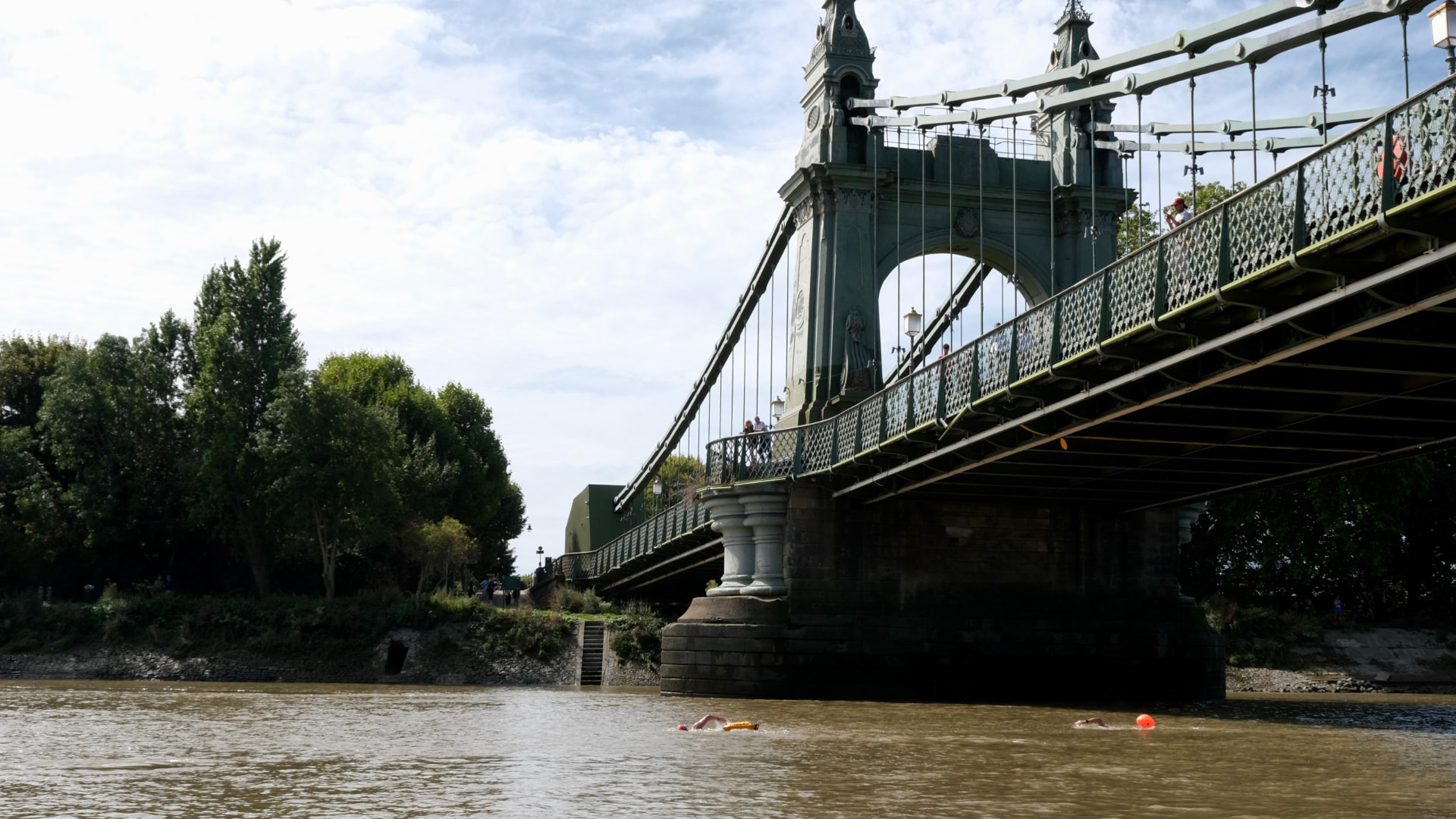 Swimmers passing directly under the span of Hammersmith Bridge