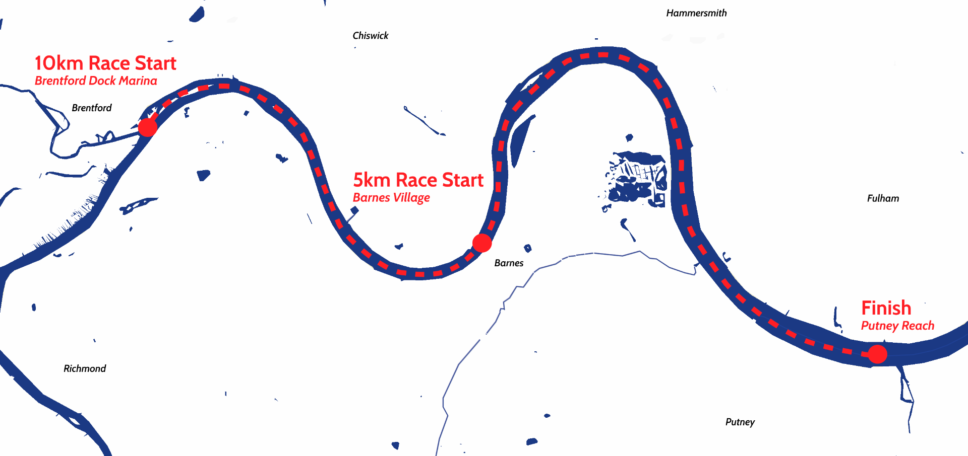 Swim London route map: Richmond Landing Stage start, passing Richmond, Kew, Chiswick, Barnes and Hammersmith bridges to finish at Boathouse Row, Putney Embankment